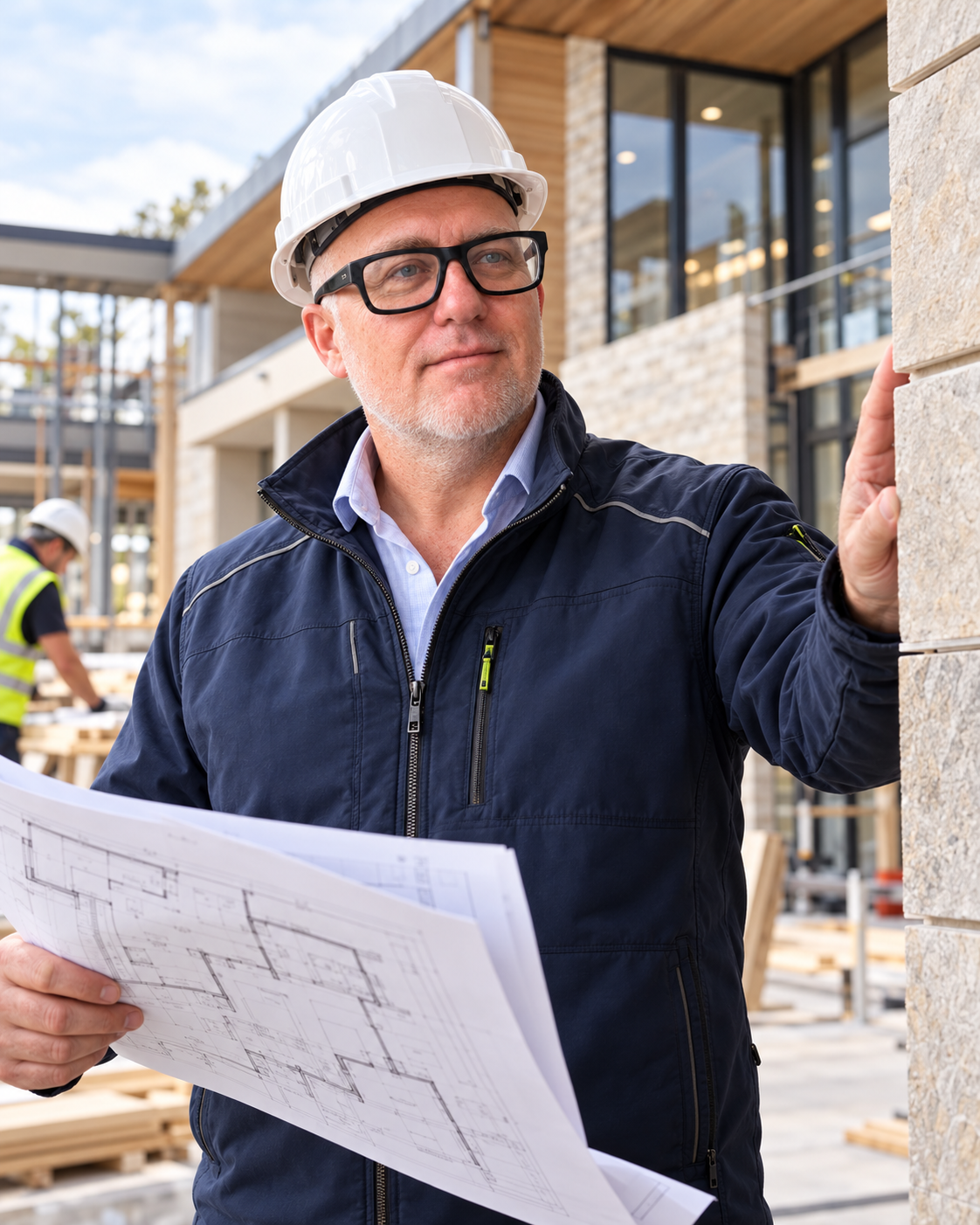 Jason Feller reviewing plans at a high-end care home build